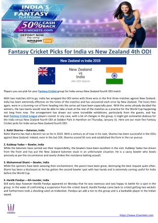 Fantasy Cricket Picks for India vs New Zealand 4th ODI