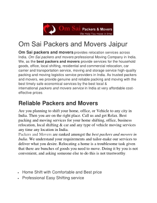 Omsai packers and movers jaipur rajasthan