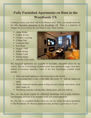 Fully Furnished Apartments on Rent in the Woodlands TX