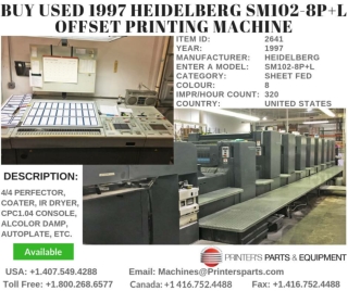 Buy Used 1997 Heidelberg SM102-8P L Offset Printing Machine