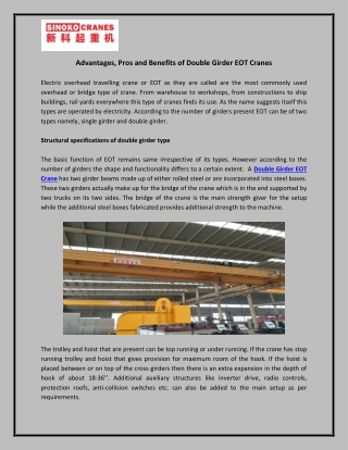 Advantages, Pros and Benefits of Double Girder EOT Cranes