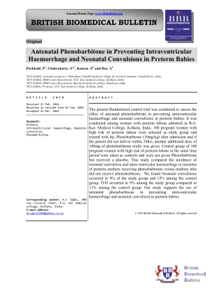 Antenatal Phenobarbitone in Preventing Intraventricular Haemorrhage and Neonatal Convulsions in Preterm Babies