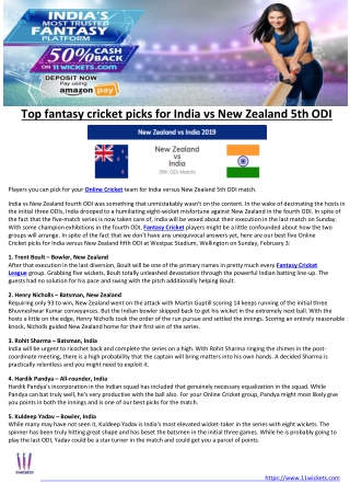 Top fantasy cricket picks for India vs New Zealand 5th ODI