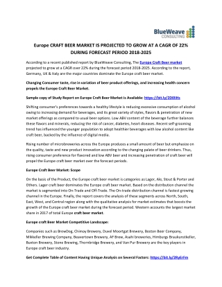 EUROPE CRAFT BEER MARKET PROJECTED TO GROW AT A CAGR OVER 22% DURING THE FORECAST PERIOD 2018-2025