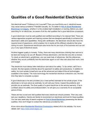 Qualities of a Good Residential Electrician