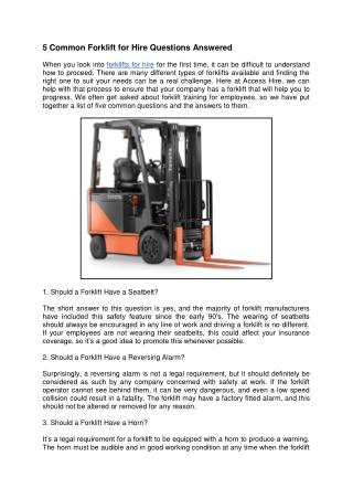 5 Common Forklift for Hire Questions Answered