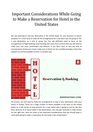 Important Considerations While Going to Make a Reservation for Hotel in the United States