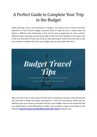 A Perfect Guide to Complete Your Trip in the Budget