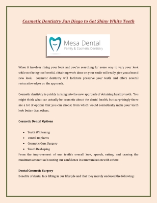 Cosmetic Dentistry San Diego to Get Shiny White Teeth