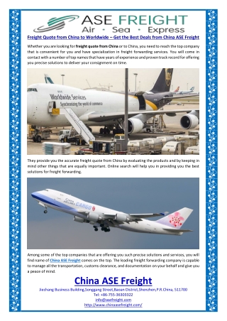 Freight Quote from China to Worldwide – Get the Best Deals from China ASE Freight