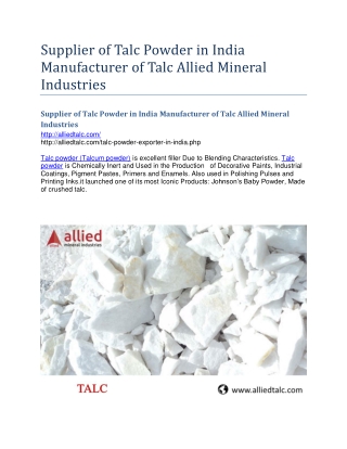 Supplier of Talc Powder in India Manufacturer of Talc Allied Mineral Industries