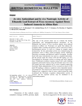 In vitro Antioxidant and In vivo Nootropic Activity of Ethanolic Leaf Extract of Ficus racemosa Against Stress Induced A