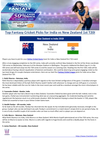 Top Fantasy Cricket Picks for India vs New Zealand 1st T20I