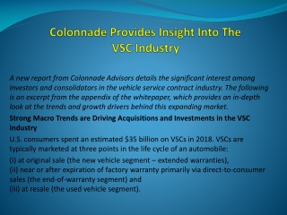 Colonnade Provides Insight Into The VSC Industry