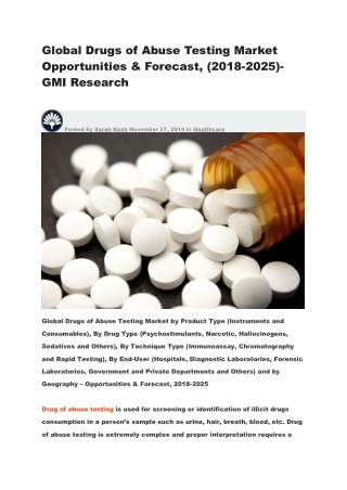 Global Drugs of Abuse Testing Market Opportunities & Forecast, (2018-2025)-GMI Research