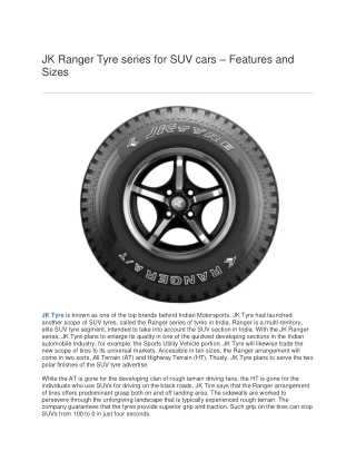 JK Ranger Tyre series for SUV cars – Features and Sizes