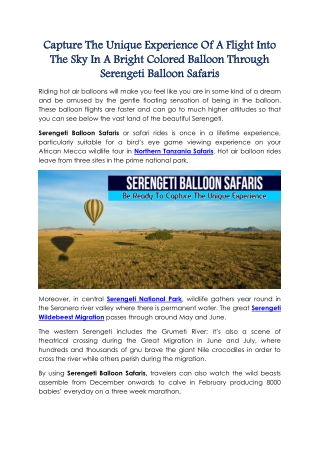 Capture The Unique Experience Of A Flight Into The Sky In A Bright Colored Balloon Through Serengeti Balloon Safaris