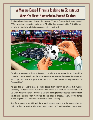 A Macau-Based Firm is Looking to Construct World’s First Blockchain-Based Casino