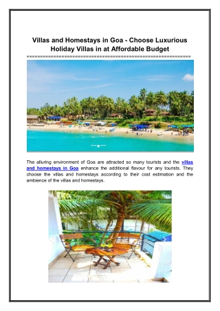 Villas and Homestays in Goa - Choose Luxurious Holiday Villas in at Affordable Budget