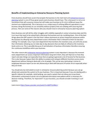 Benefits of Implementing an Enterprise Resource Planning System