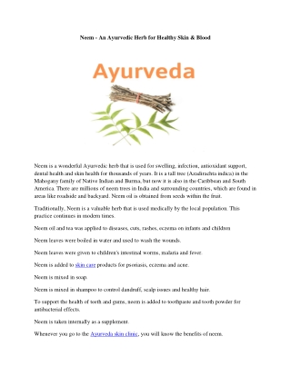 Neem - An Ayurvedic Herb for Healthy Skin & Blood