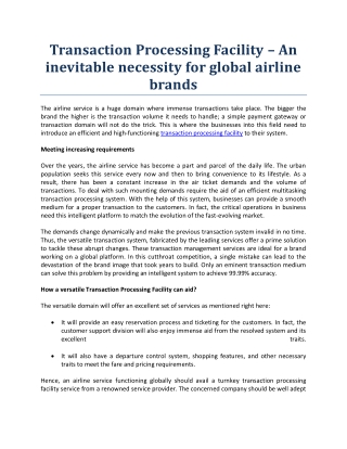 Transaction Processing Facility – An inevitable necessity for global airline brands