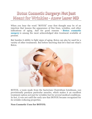 Botox Cosmetic Surgery: Not Just Meant for Wrinkles - Anew Laser MD