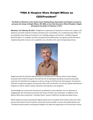 “VNA & Hospice Hires Dwight Wilson as CEO/President”
