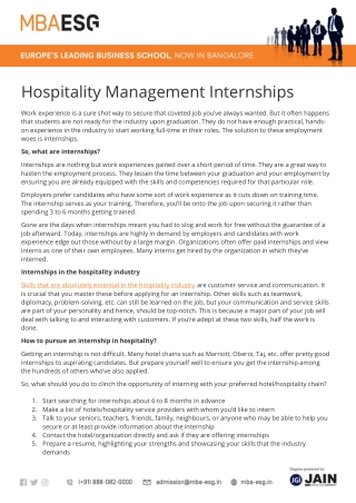 Hospitality Management Internships