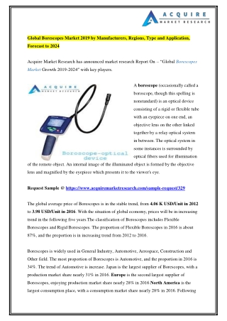 Global Borescopes Market 2019 by Manufacturers, Regions, Type and Application, Forecast to 2024