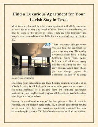 Find a Luxurious Apartment for Your Lavish Stay in Texas