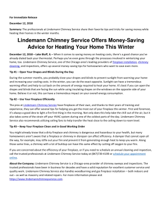 Lindemann Chimney Service Offers Money-Saving Advice for Heating Your Home This Winter