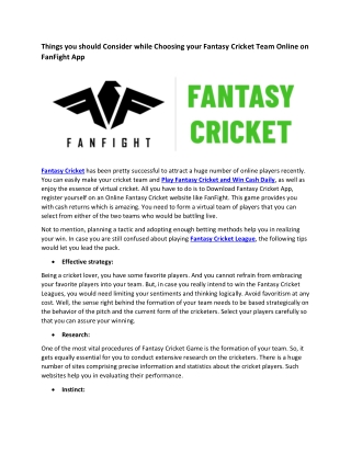 Things you should Consider while Choosing your Fantasy Cricket Team Online on FanFight App