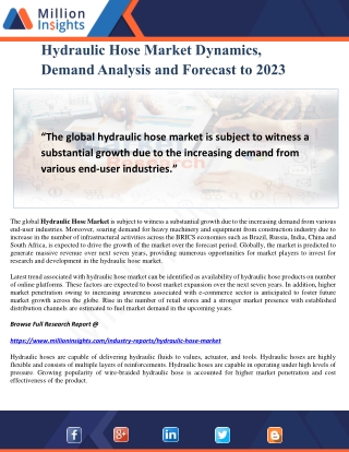 Hydraulic Hose Market Dynamics, Demand Analysis and Forecast to 2023