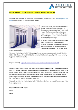 Global Passive Optical LAN (POL) Market Growth 2019-2024