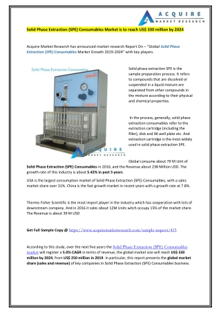 Solid Phase Extraction (SPE) Consumables Market is to reach US$ 330 million by 2024