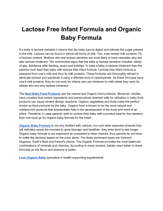 Lactose Free Infant Formula and Organic Baby Formula