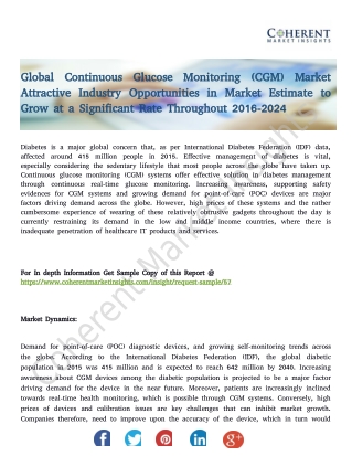 Global Continuous Glucose Monitoring (CGM) Market, By Product Type, By Application - Trends and Forecast to 2024