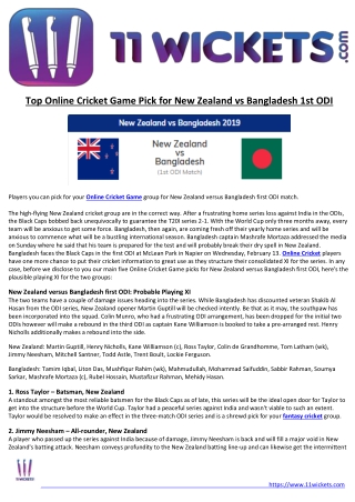 Top Online Cricket Game Pick for New Zealand vs Bangladesh 1st ODI