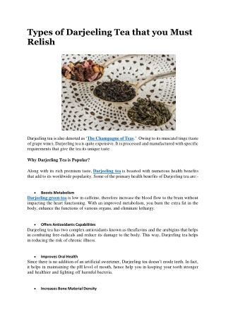 Types of Darjeeling Tea that you Must Relish