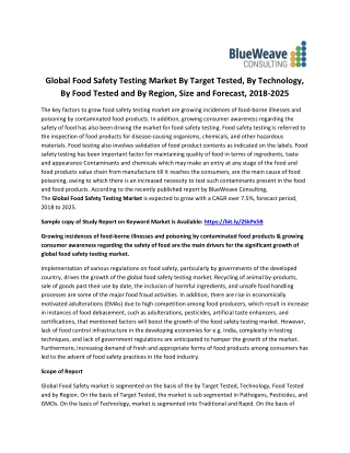 Global Food Safety Testing Market By Target Tested, By Technology, By Food Tested and By Region, Size and Forecast, 2018