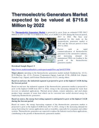 Thermoelectric Generators Market expected to be valued at $715.8 Million by 2022