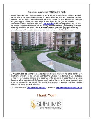 Upgrade your living standard with CRC Sublimis Noida