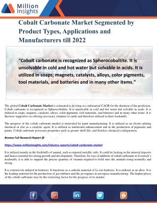 Cobalt Carbonate Market Segmented by Product Types, Applications and Manufacturers till 2022