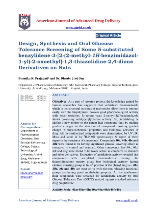 Design, Synthesis and Oral Glucose Tolerance Screening of Some 5-substituted benzylidene-3-[2-(2-methyl-1H-benzimidazol1