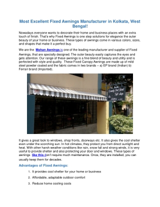 Most Excellent Fixed Awnings Manufacturer in Kolkata, West Bengal!