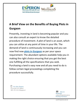 A Brief View on the Benefits of Buying Plots in Gurgaon