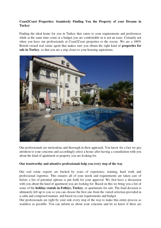 Coast2Coast Properties: Seamlessly Finding You the Property of your Dreams in Turkey