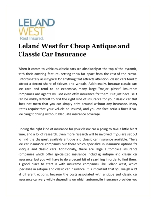 Leland West for Cheap Antique and Classic Car Insurance