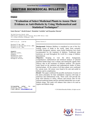 "Evaluation of Select Medicinal Plants to Assess Their Evidence as Anti-Diabetic by Using Mathematical and Statistical T